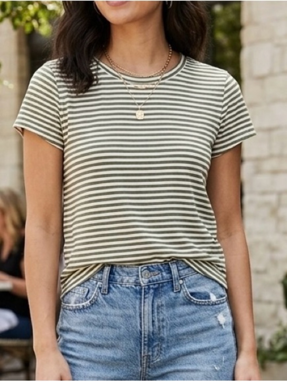 Sanctuary "The Perfect Tee" Olive Green & White Striped Short Sleeve Shirt
